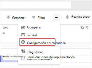 Captura de pantalla que resalta la configuración del calendario en el calendario de Teams.