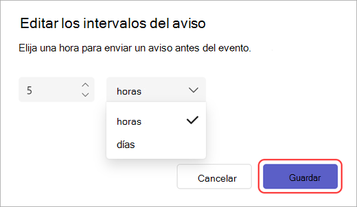 Captura de pantalla del editor de tiempo de envío de correo electrónico de aviso en Teams.