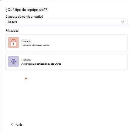 Captura de pantalla de una ventana para crear un nuevo equipo en Microsoft Teams con opciones para establecer la confidencialidad como Seguro y la privacidad como Privada o Pública.