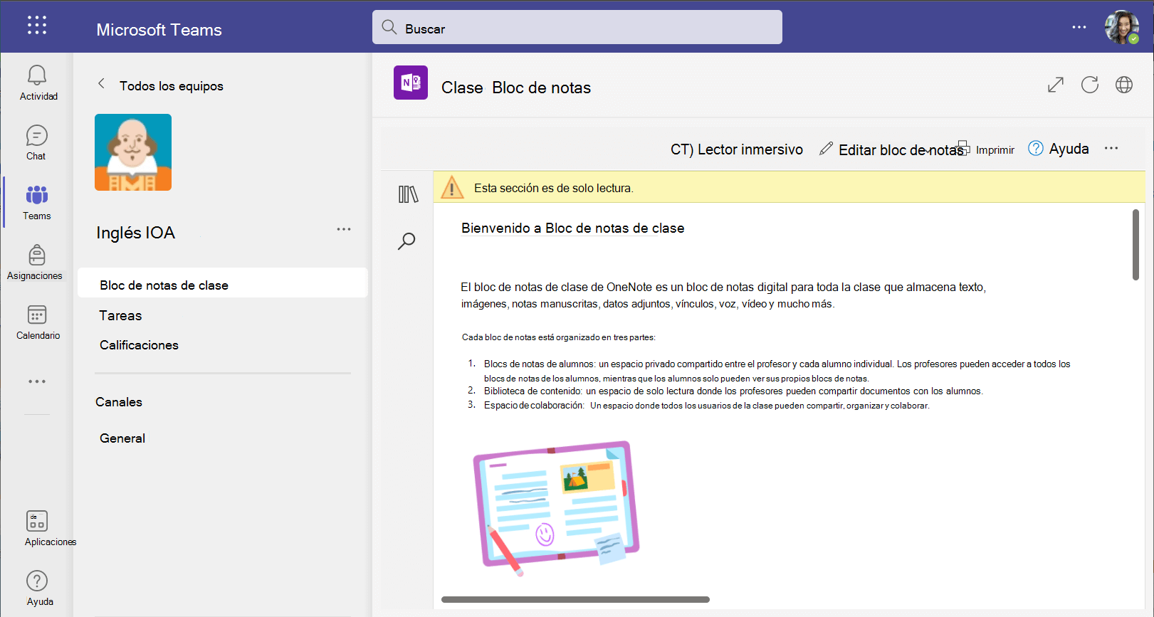 Captura de pantalla del Bloc de notas de clase en la versión web de Teams.