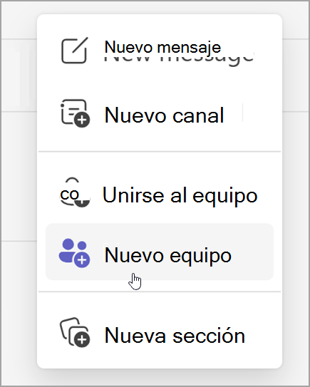 Captura de pantalla de la opción para crear un nuevo equipo. Se revela después de seleccionar la opción de nuevos elementos.