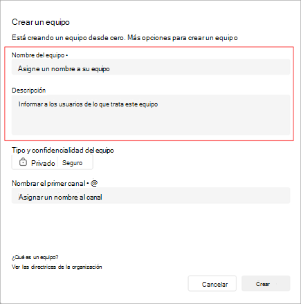 Captura de pantalla de la ventana Crear un equipo. Incluye un área para agregar un nombre de equipo, una descripción y un tipo. También puede crear su primer nombre de canales.