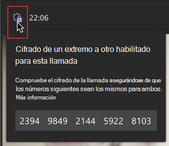 Un mouse se mueve sobre el icono de escudo de cifrado. Se muestra un mensaje con un grupo de números que indica a la persona que compruebe que los números coinciden con los demás de la llamada para asegurarse de que están en una llamada cifrada de un extremo a otro.
