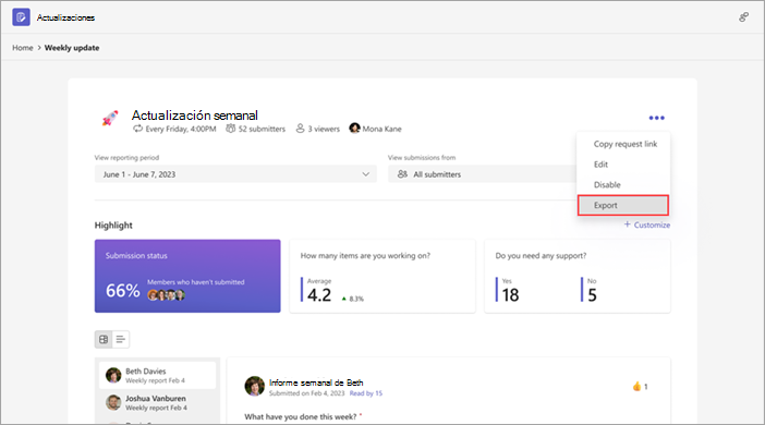 Exportar actualizaciones para una solicitud específica