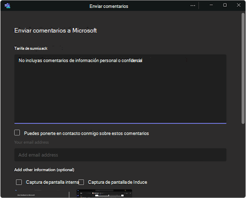 Cuadro de diálogo para enviar comentarios