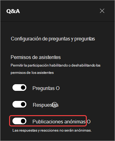 Captura de pantalla que resalta la interfaz de usuario para ocultar los nombres de los asistentes en Q&A