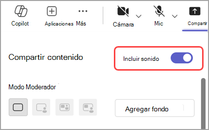 Activa el botón de alternancia Incluir sonido para compartir el sonido desde la ventana que compartes.