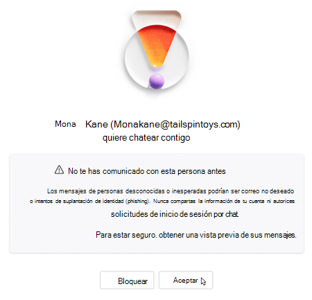 Texto que pide al usuario que acepte o bloquee un nuevo chat