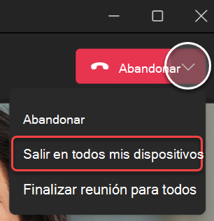 Captura de pantalla del menú desplegable Abandonar reunión en Teams para escritorio.