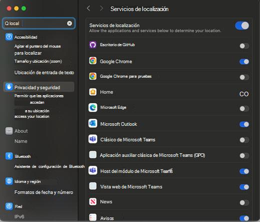 Captura de pantalla del cuadro de diálogo Configuración de ubicaciones para MAC