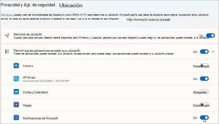 Captura de pantalla de la ventana de configuración Ubicaciones de Windows 11