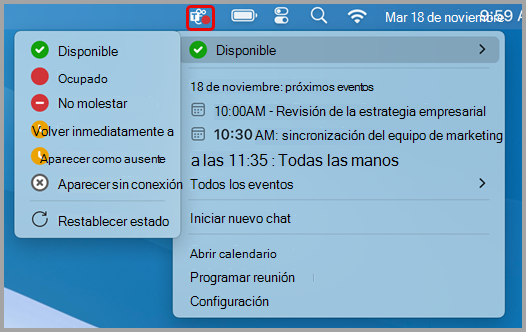 Captura de pantalla que muestra el menú de acciones rápidas de Teams en Mac.