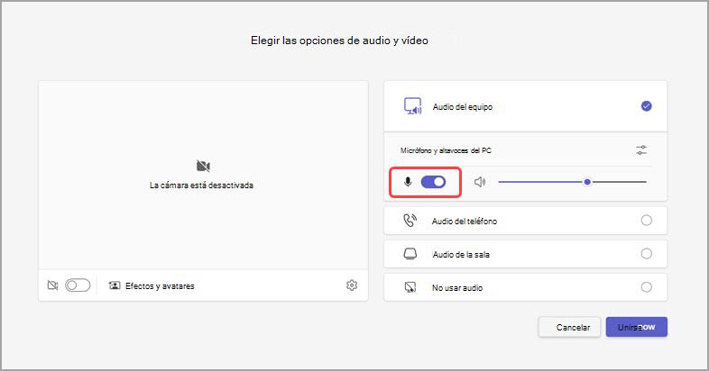 administrar audio antes de una reunión