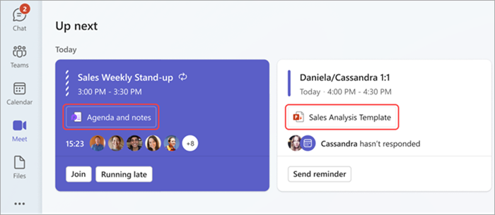 Captura de pantalla de la sección Siguiente en la aplicación Reunirse en Teams