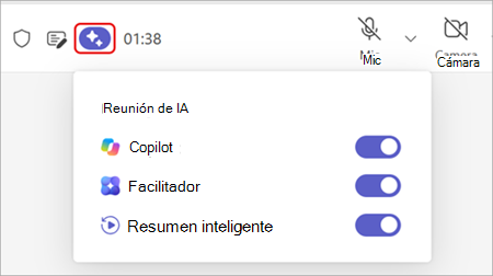 Captura de pantalla que resalta la opción IA de reunión en la parte superior de una ventana de reunión de Teams