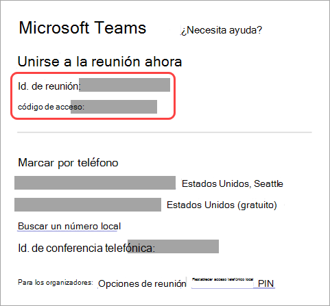Captura de pantalla que muestra dónde encontrar el identificador de reunión y el código de acceso en la invitación a la reunión.