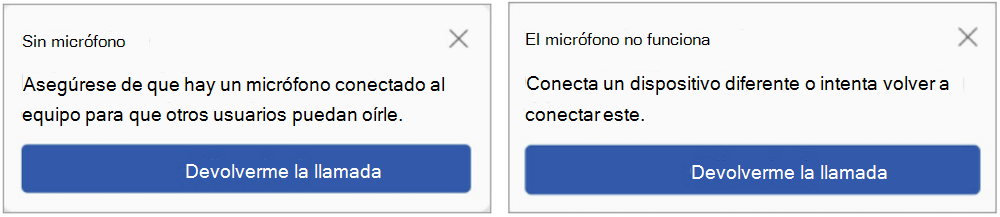 Mensajes de Teams que ofrecen Llamarme cuando no se detecta ningún micrófono