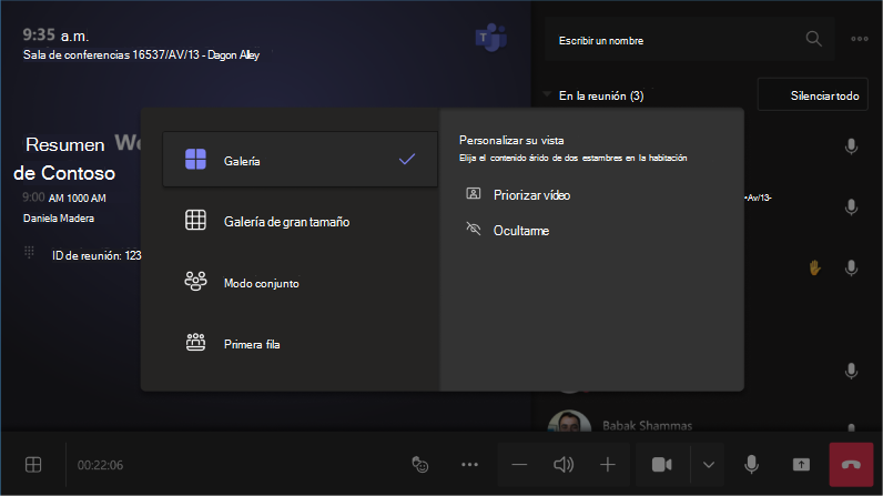 Personalizar la vista de sala entre Priorizar vídeo u Ocultarme