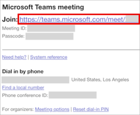 Captura de pantalla que muestra el nuevo formato de invitación a la reunión de Teams, resaltando el vínculo para unirse.
