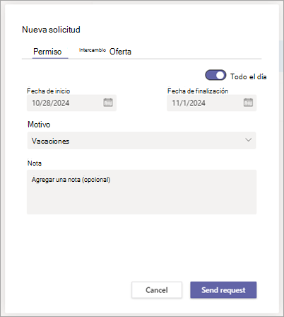 Cuadro de diálogo Nueva solicitud en Turnos, en el que se muestra la pestaña Permiso para solicitar permisos.