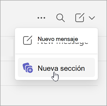 Captura de pantalla de la opción nuevo mensaje y nueva sección que aparece después de seleccionar nuevos elementos en un chat de vista independiente.