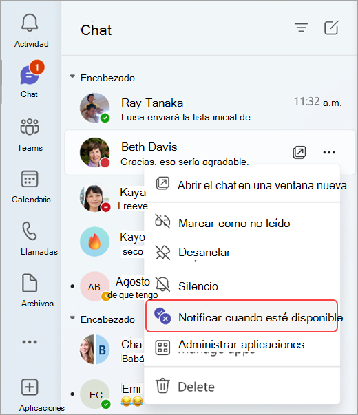 Captura de pantalla que muestra cómo recibir notificaciones cuando el estado de alguien cambia desde un chat.