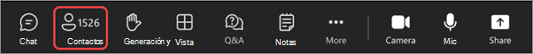 Captura de pantalla de los controles de reunión durante la asamblea con Personas resaltado