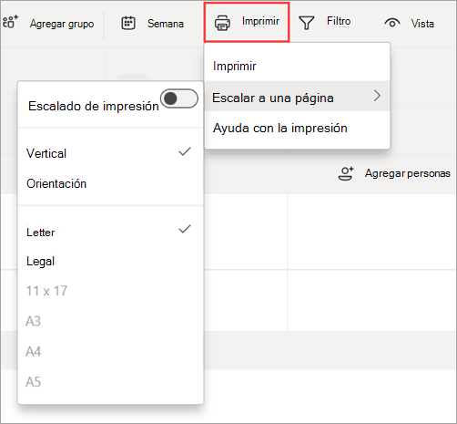 Captura de pantalla que muestra la opción Imprimir en Turnos para imprimir una programación.