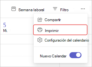 Captura de pantalla que resalta la opción Imprimir en un calendario de Teams.