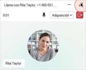 Interfaz de llamada con controles de silencio, toma de control y fin de llamada.