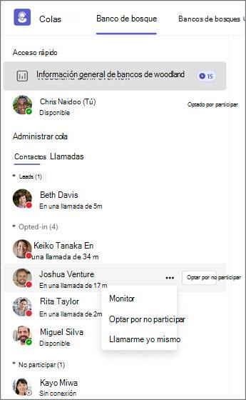 Sistema de gestión de colas que muestra los estados de los agentes y las opciones para supervisar, dar de baja o llamar.