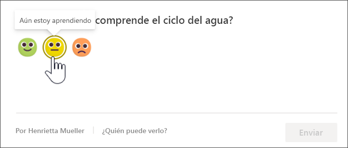 Captura de pantalla de la vista del alumno del reflejo de comprobación antes de responder. El mouse se mantiene sobre el emoji amarillo de inseguro y la información en pantalla dice Todavía estoy aprendiendo