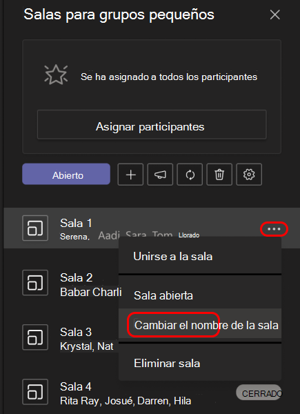 Imagen que muestra cómo cambiar el nombre de un sala para sesiones de subgrupo.