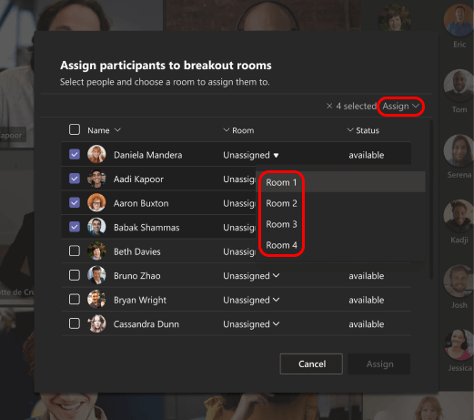 Imagen que muestra cómo seleccionar las salas para sesiones de subgrupo para los participantes.