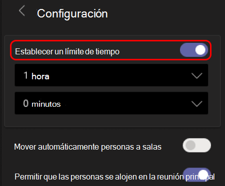 En la imagen se muestra cómo establecer el límite de tiempo para las salas para sesiones de subgrupo.