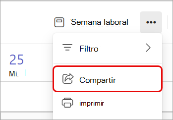 Captura de pantalla que resalta la opción Compartir en un calendario de Teams.