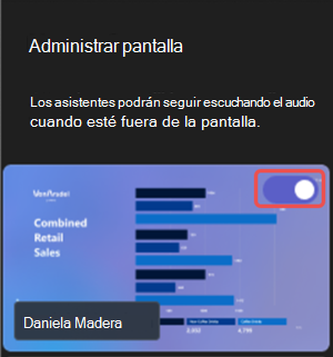 Captura de pantalla que resalta cómo compartir contenido visible durante un evento de Microsoft Teams.