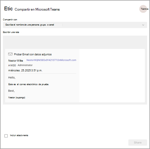 Captura de pantalla que muestra el correo electrónico que se comparte en Teams con opciones para elegir compartir con una persona, un grupo o un canal.