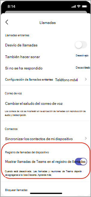 Mostrar u ocultar las llamadas de teams en el registro de llamadas en iOS.