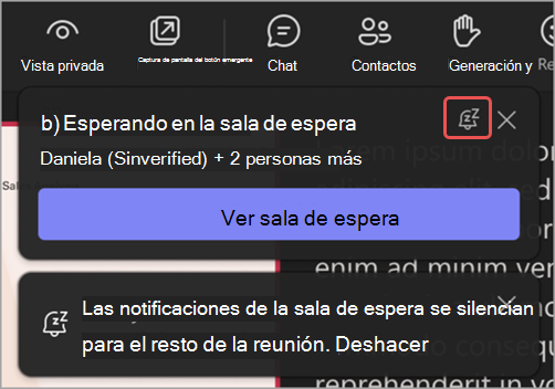Captura de pantalla de una notificación de la sala de espera que resalta el icono Silenciar estas notificaciones.