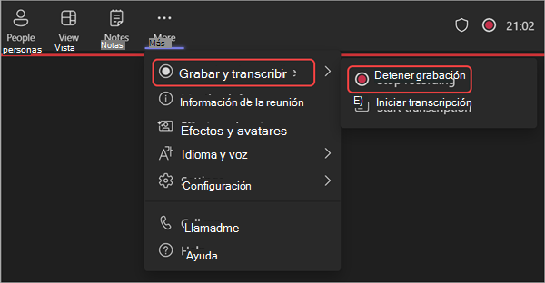 Captura de pantalla que muestra cómo detener la grabación durante un seminario web
