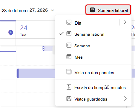 Captura de pantalla que resalta la vista de la semana laboral en el calendario de Teams.