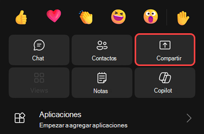 Un menú en una reunión con opciones para iniciar la grabación, ponerse en espera, llamarse a sí mismo, compartir, obtener un teclado de marcado o desactivar el vídeo entrante.