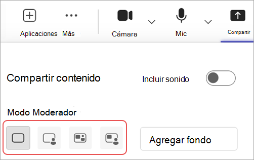 Captura de pantalla que resalta diferentes modos de moderador en los controles de reunión de Microsoft Teams.