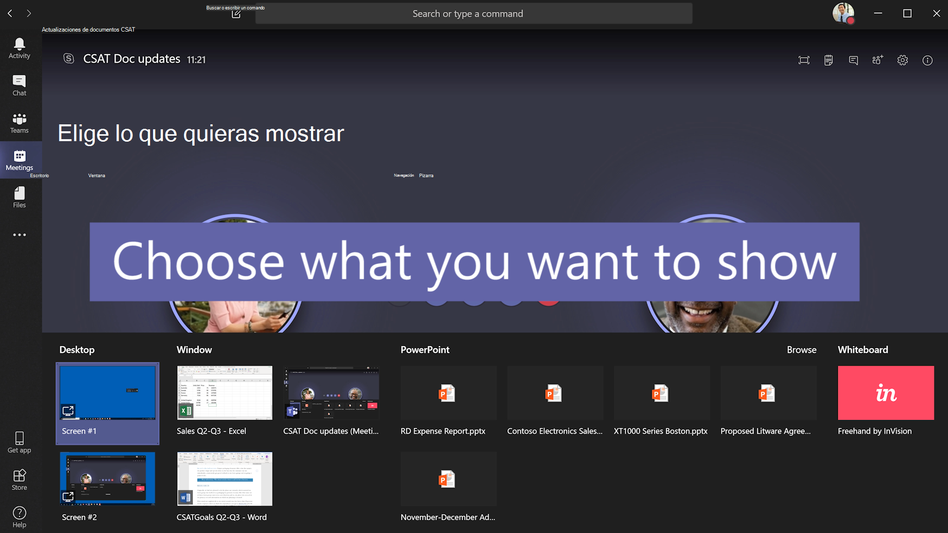 Una pantalla que se muestra durante una reunión