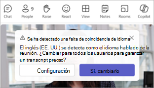 Captura de pantalla de una notificación de Teams que le pide que actualice un idioma hablado de las reuniones.