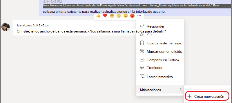 El menú Más opciones con el submenú Crear nueva acción resaltado.
