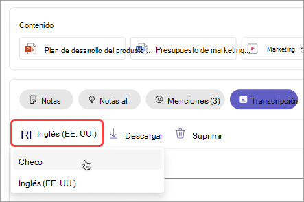 Captura de pantalla que muestra cómo cambiar el idioma de la transcripción en el resumen de la reunión.