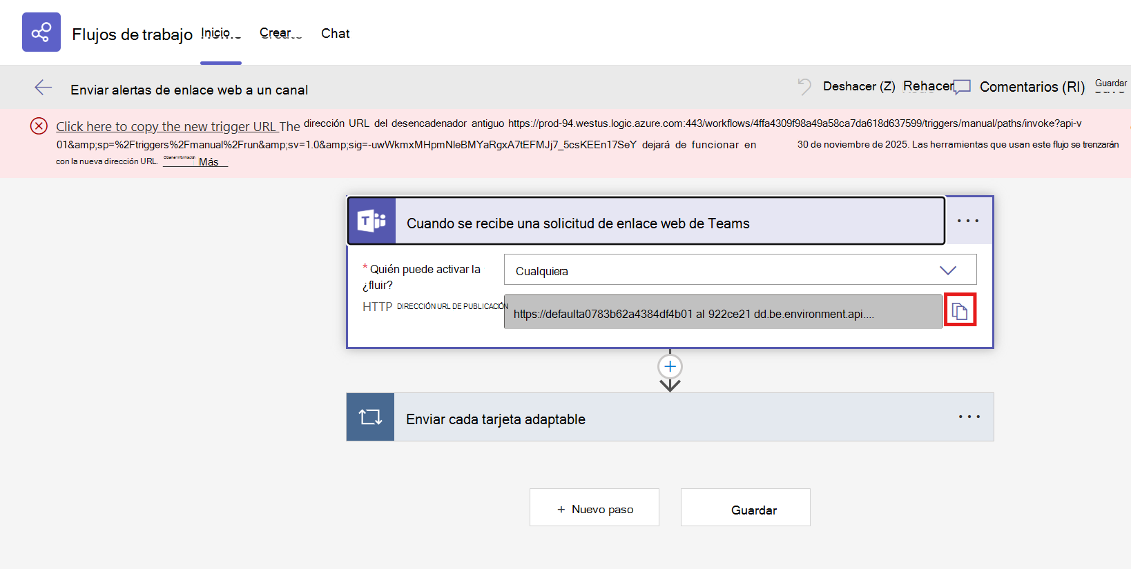 Copiar la dirección URL del webhook en la página de detalles del flujo