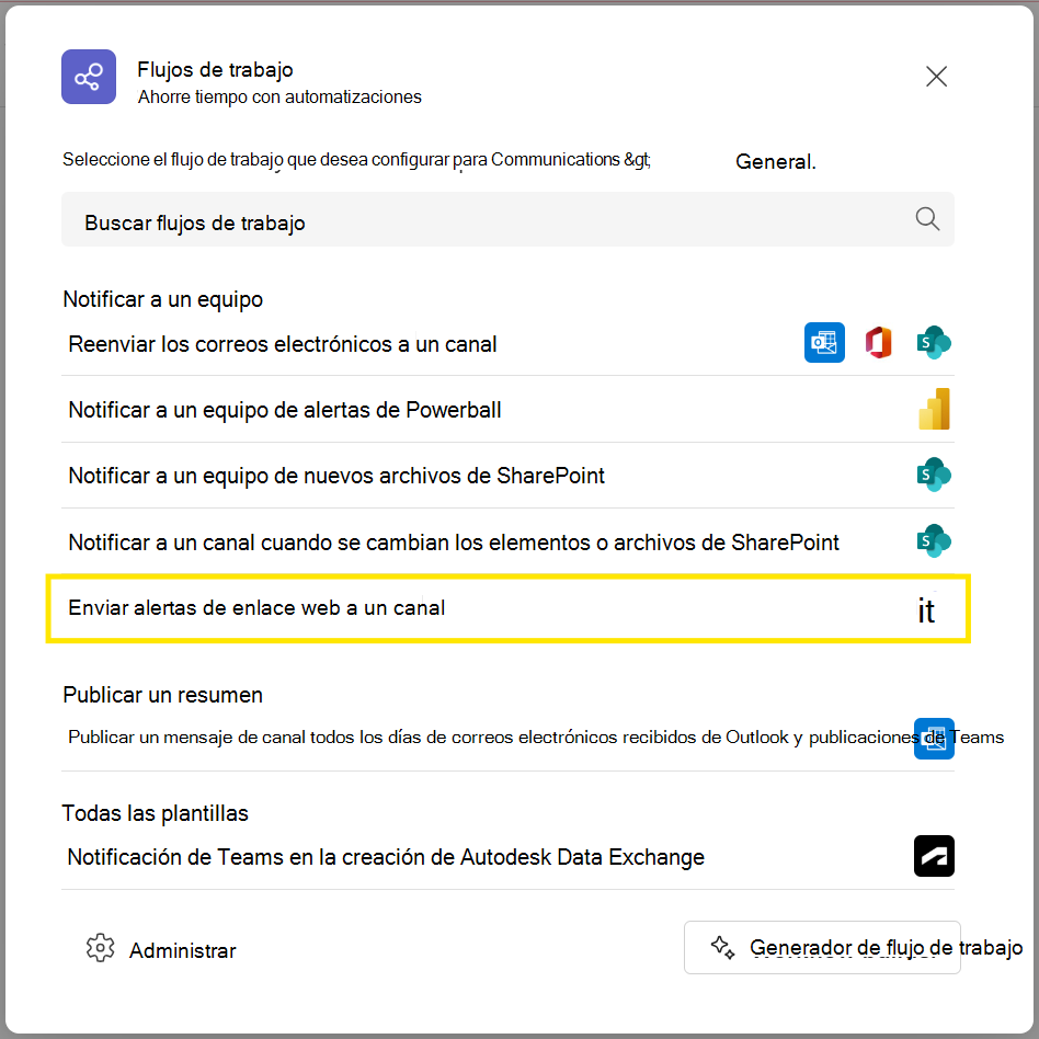 Aplicación Flujos de trabajo en vista de canal